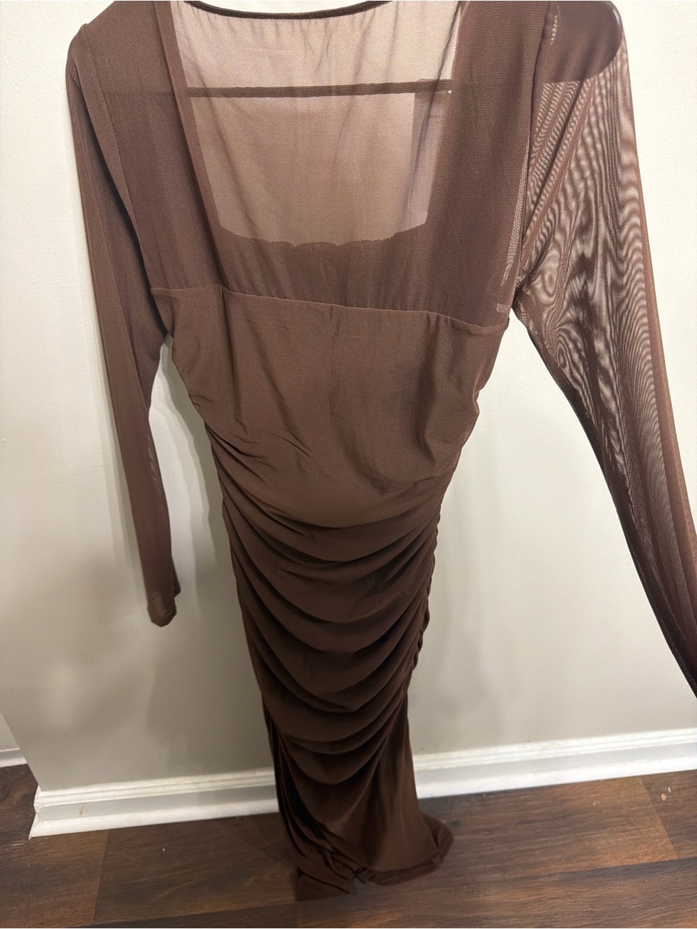 ReoRia Brown Sheer Ruched Long Sleeve Maxi Dress